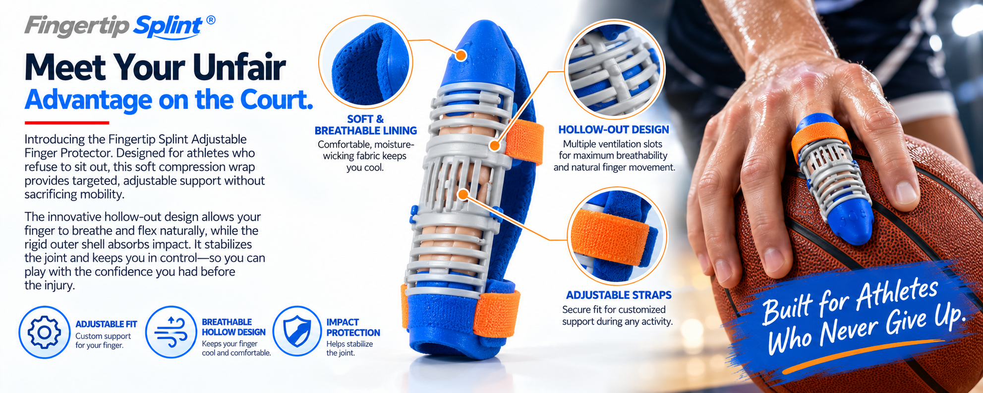 Fingertip Splint adjustable finger support brace with blue protective ends, grey segmented hollow-out structure and fastening mechanism