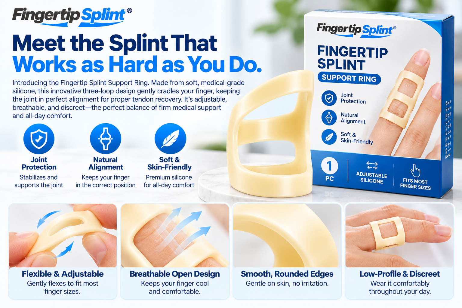 Fingertip Splint beige silicone finger support ring with open-frame design displayed beside branded packaging