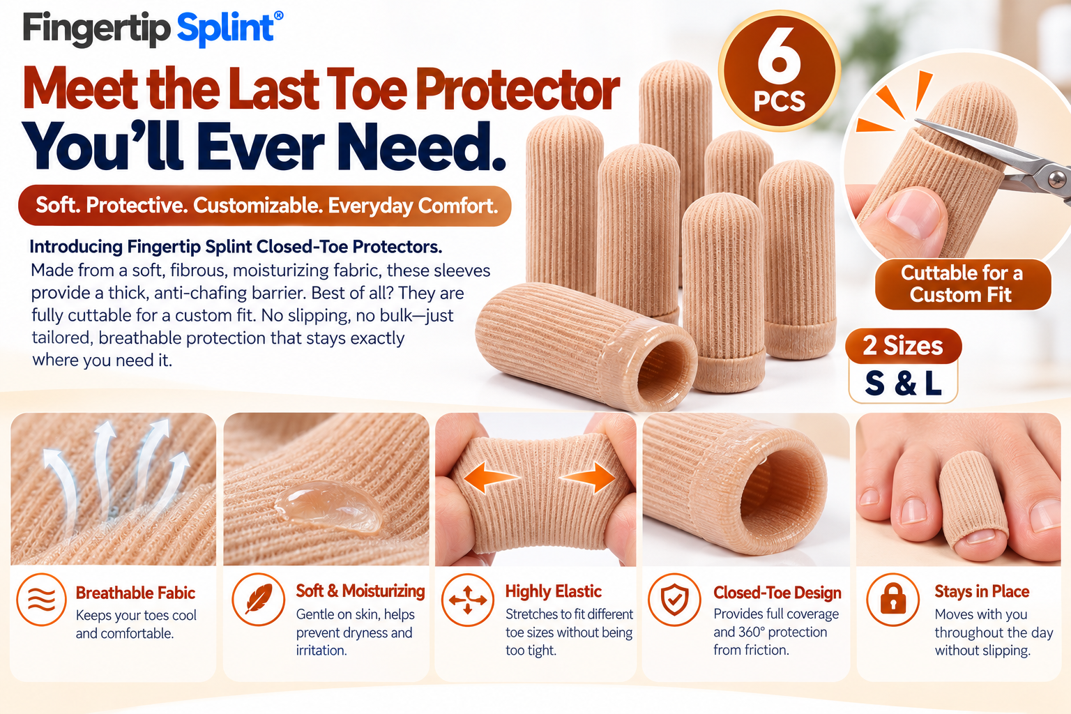 Fingertip Splint beige closed-toe fibrous toe protectors with cuttable fabric and small and large size options