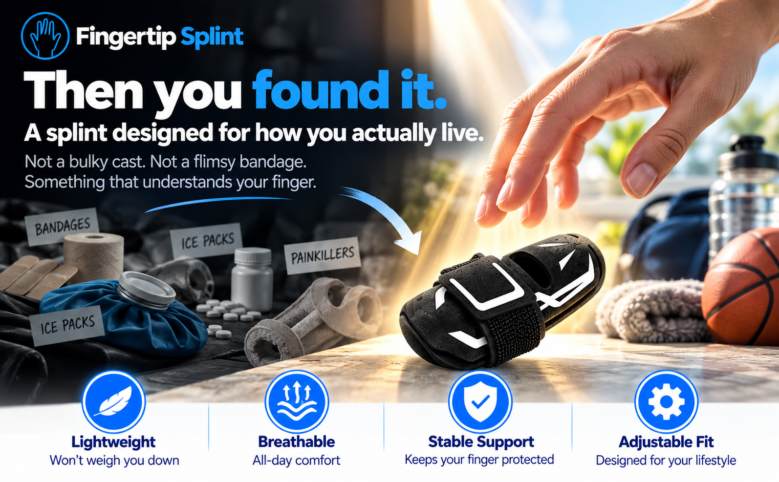 Fingertip Splint sport finger guard presented as an adjustable lightweight alternative to temporary finger wraps
