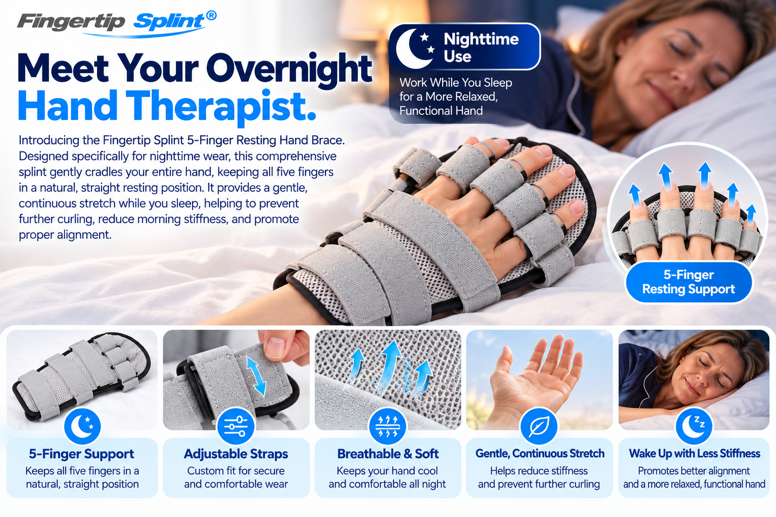 Fingertip Splint five finger resting hand brace with adjustable straps, separate finger support areas and breathable mesh displayed on white bedding
