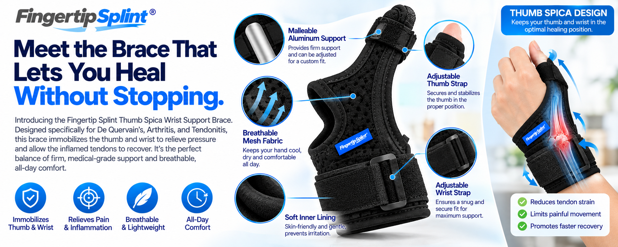 Fingertip Splint black breathable thumb spica wrist support brace with adjustable straps and branded product packaging