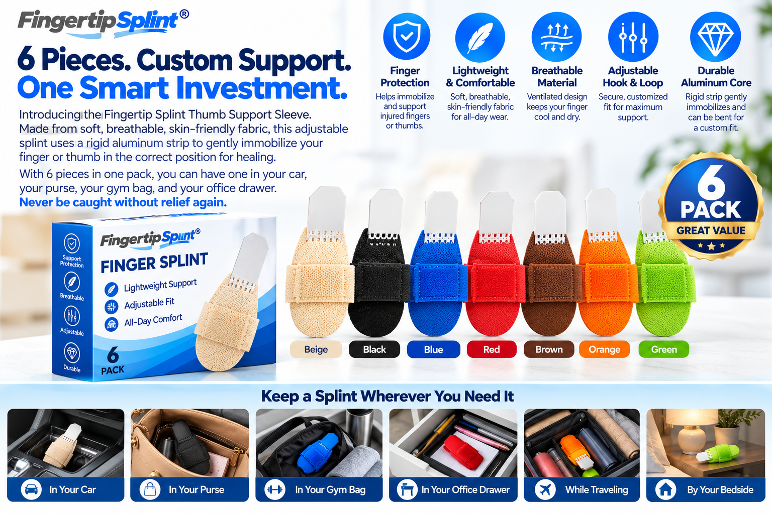 Fingertip Splint adjustable thumb support sleeves in multiple colors with hook-and-loop finger fixation straps