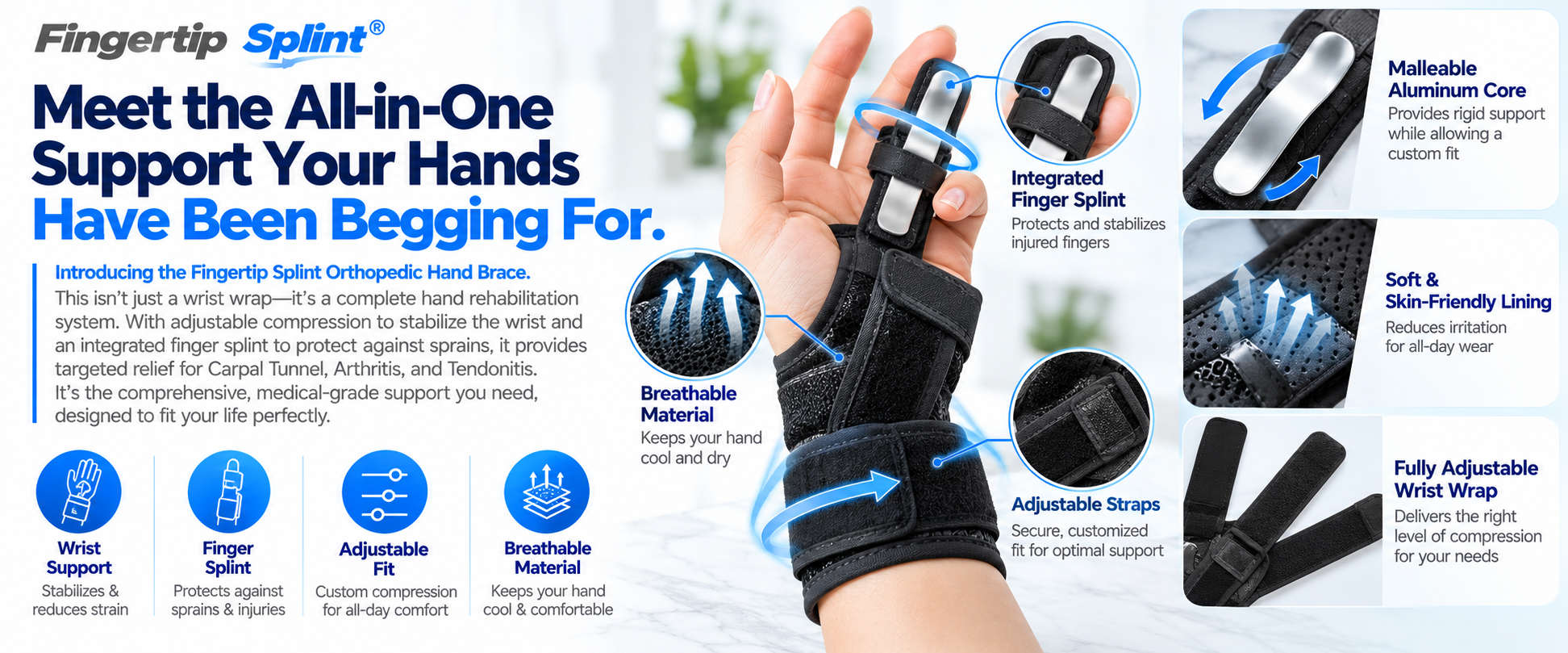 Fingertip Splint orthopedic wrist support brace with black fabric, adjustable fastening straps and integrated reinforced finger splint