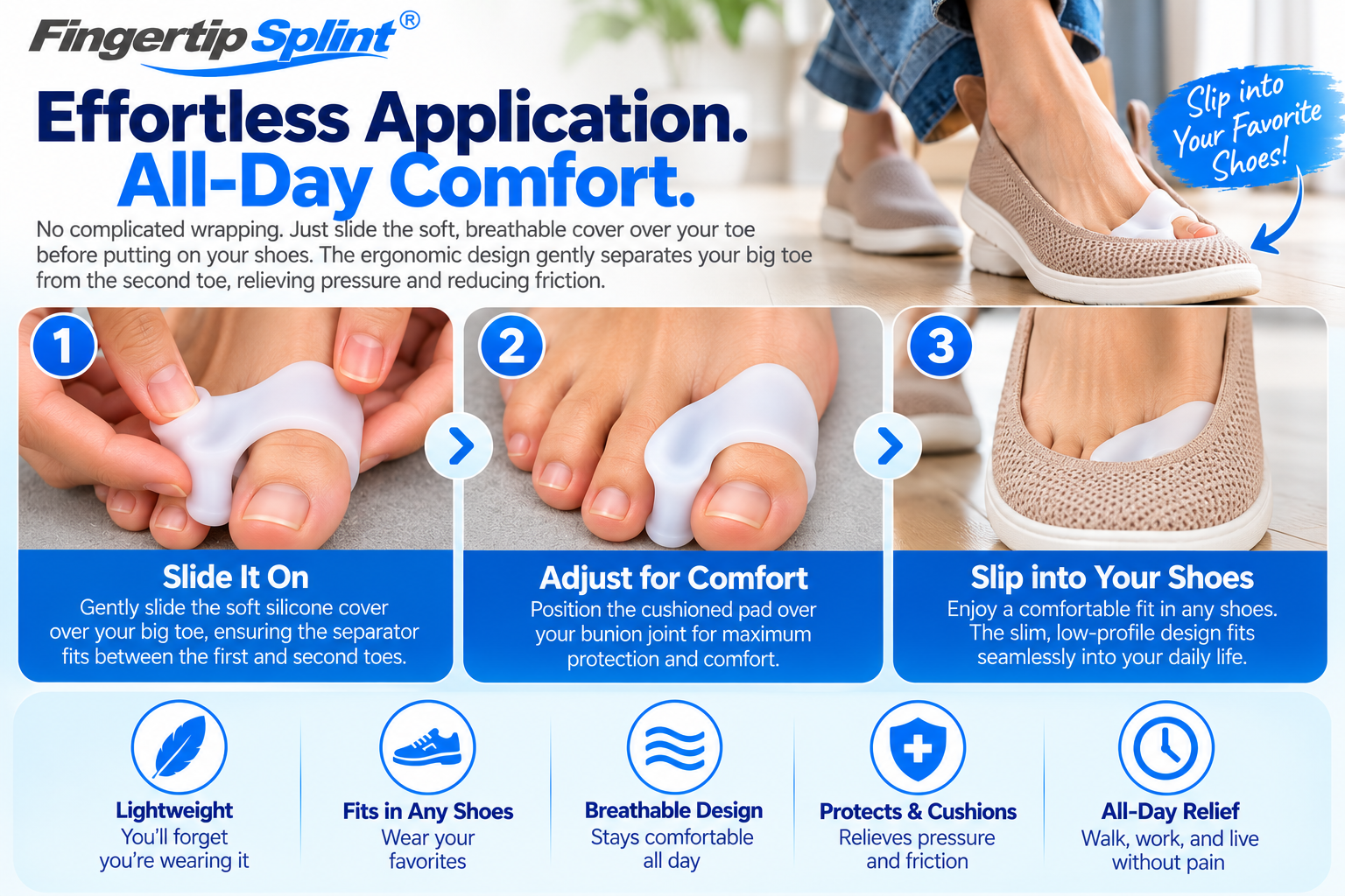 Three-step guide showing how to wear Fingertip Splint silicone big toe separator covers
