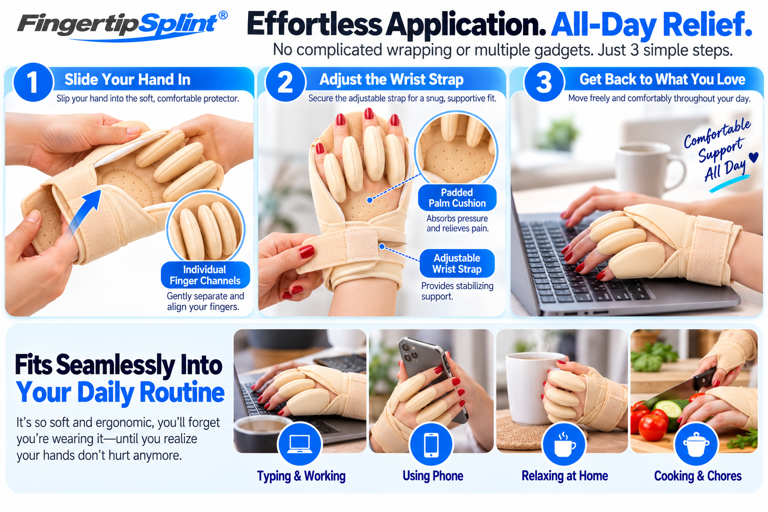 Three-step guide showing how to wear the Fingertip Splint ergonomic finger protector and secure its wrist strap