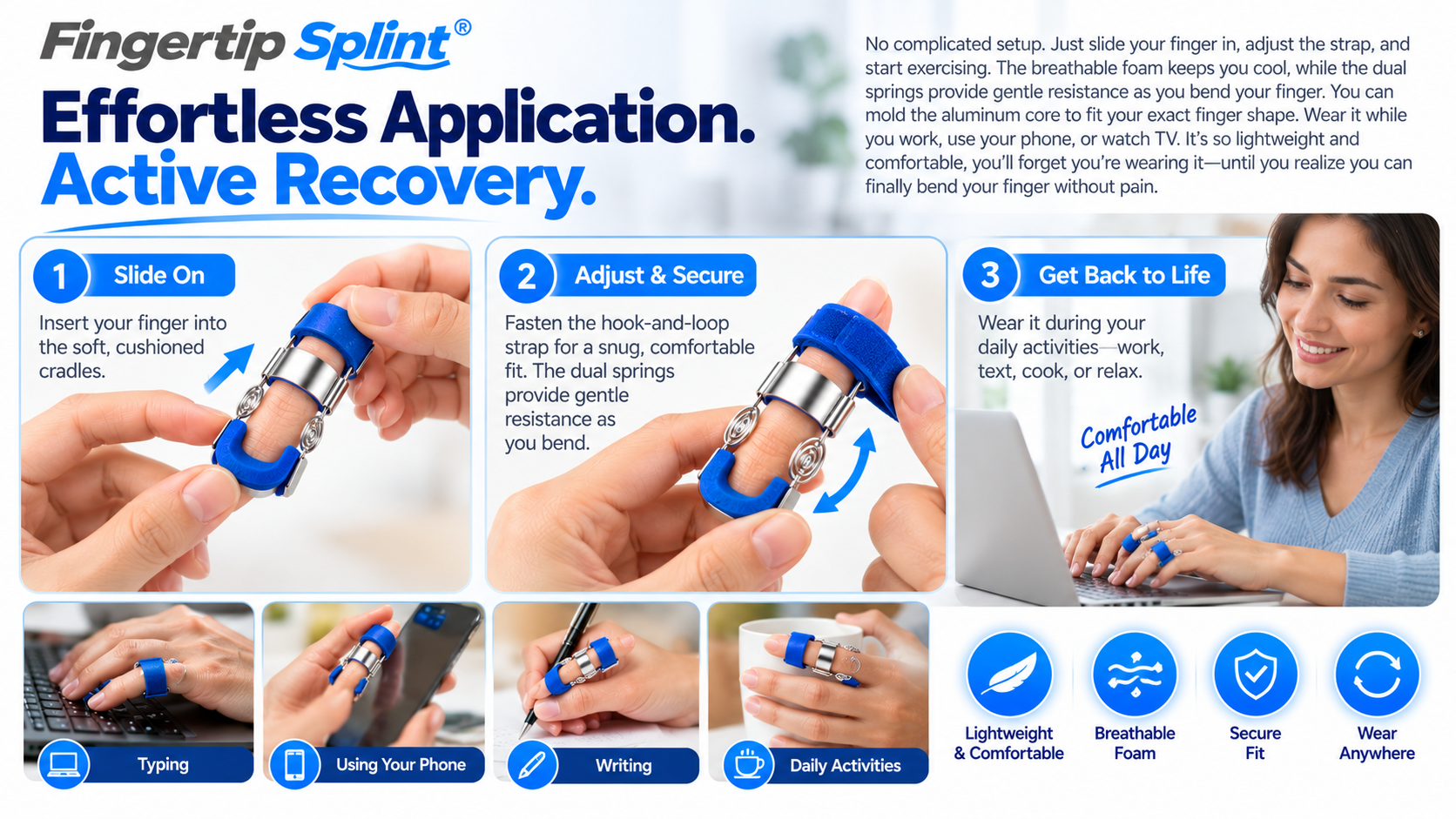 Three-step finger exerciser application infographic showing finger placement, support adjustment and controlled spring-assisted movement