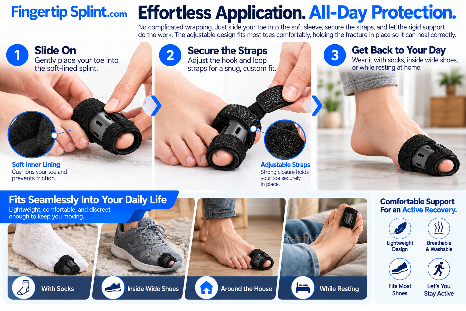 Three-step illustrated guide showing toe splint positioning, strap adjustment and a final comfortable fit check