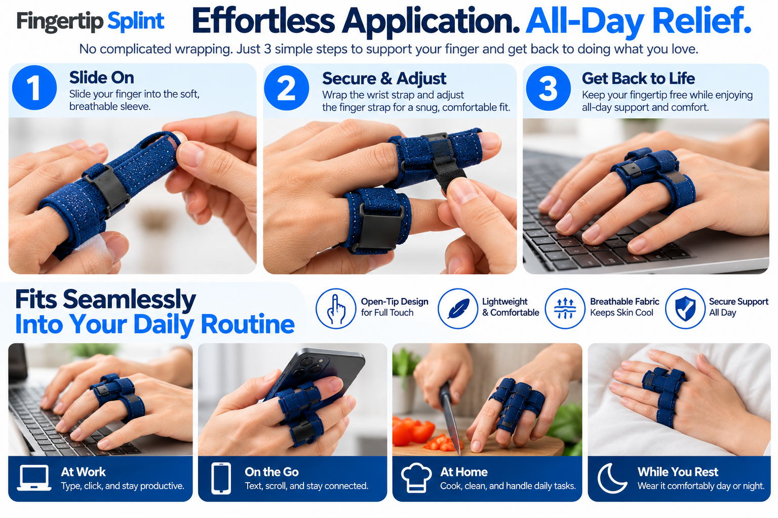 Three-step application of a blue trigger finger splint showing finger placement, strap adjustment and hand positioning