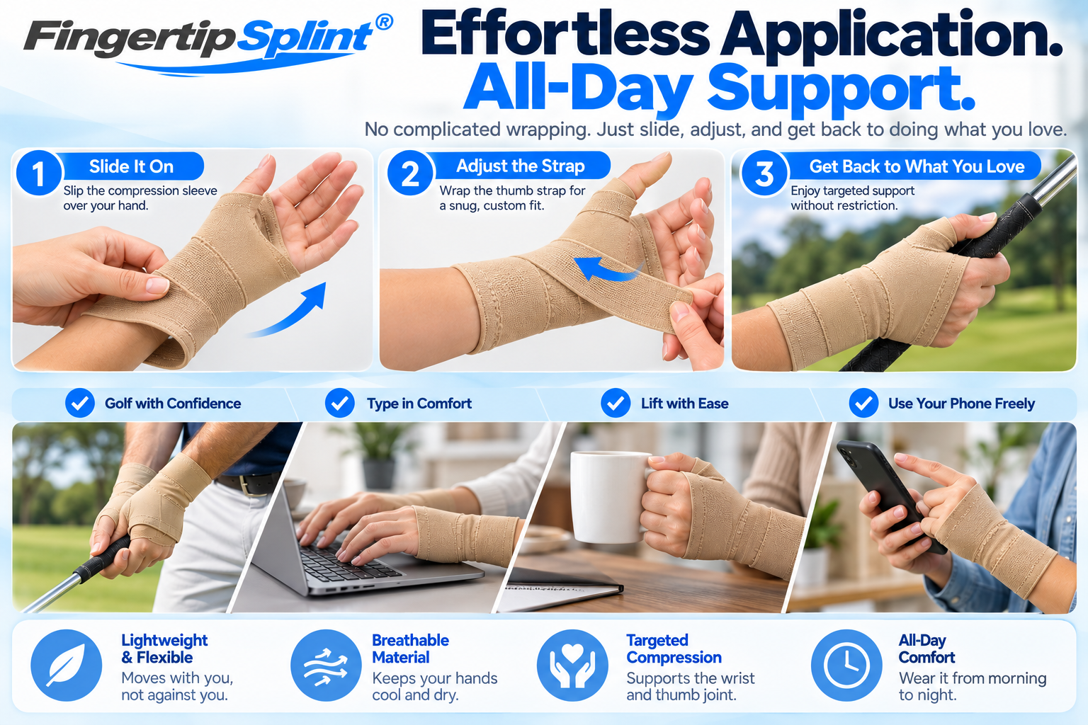 Three-step application guide for Fingertip Splint compression wrist thumb support gloves