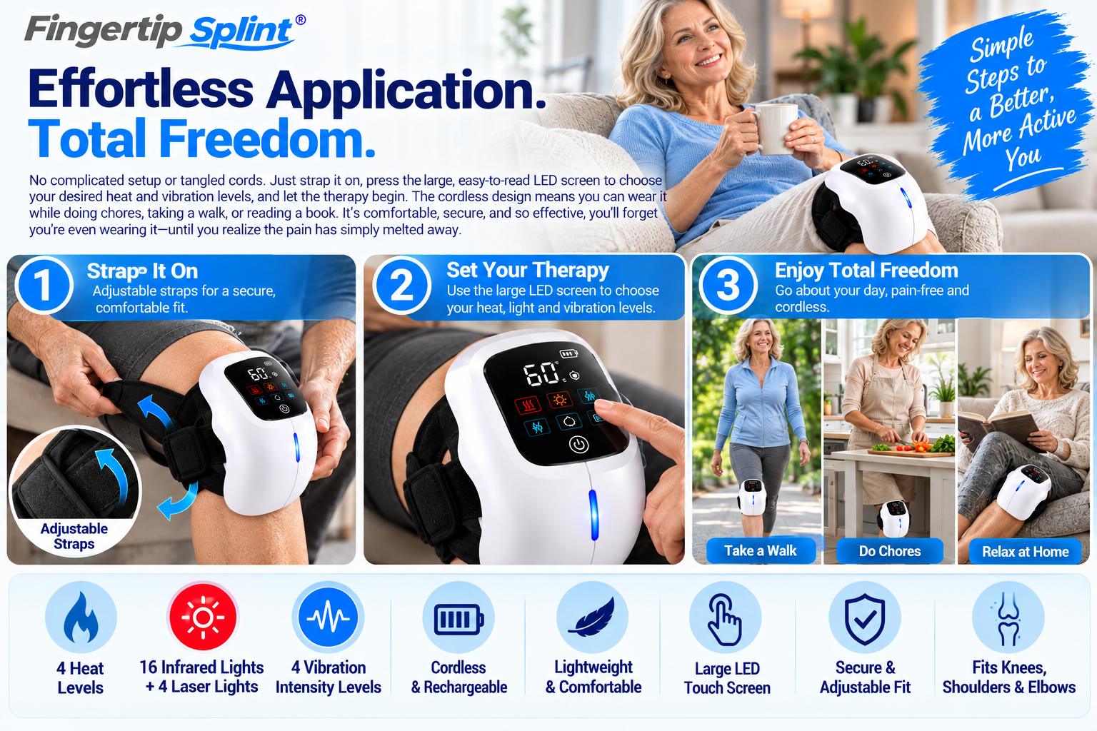 Three-step guide to fastening Fingertip Splint heated knee massager, selecting LED settings and enjoying cordless massage