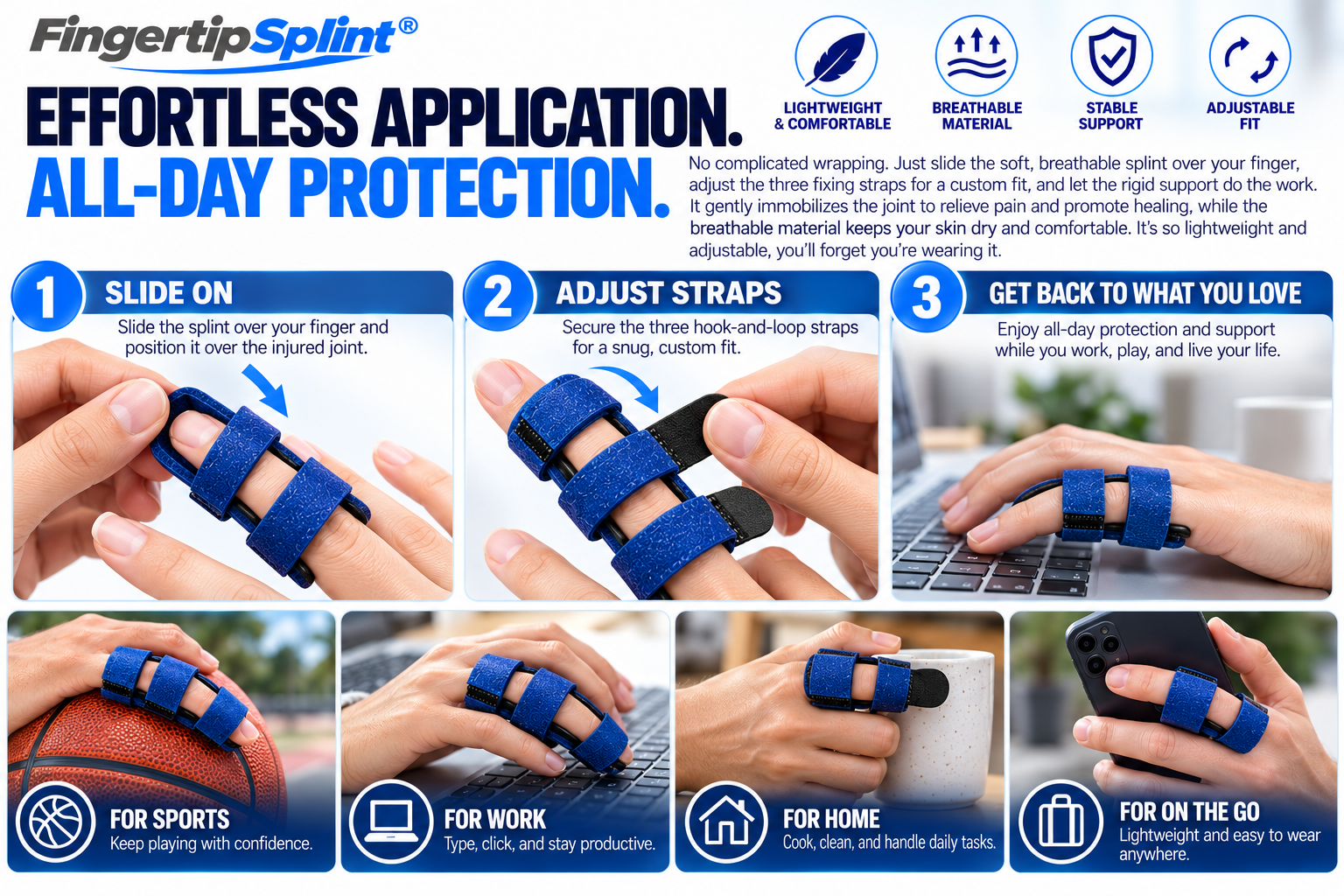 Three-step application illustration showing how to position an adjustable finger splint and secure its three hook-and-loop fixing straps