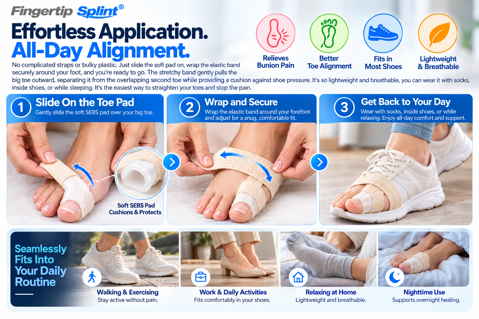 Three-step application guide for positioning a hallux valgus toe pad and securing an elastic band around the forefoot