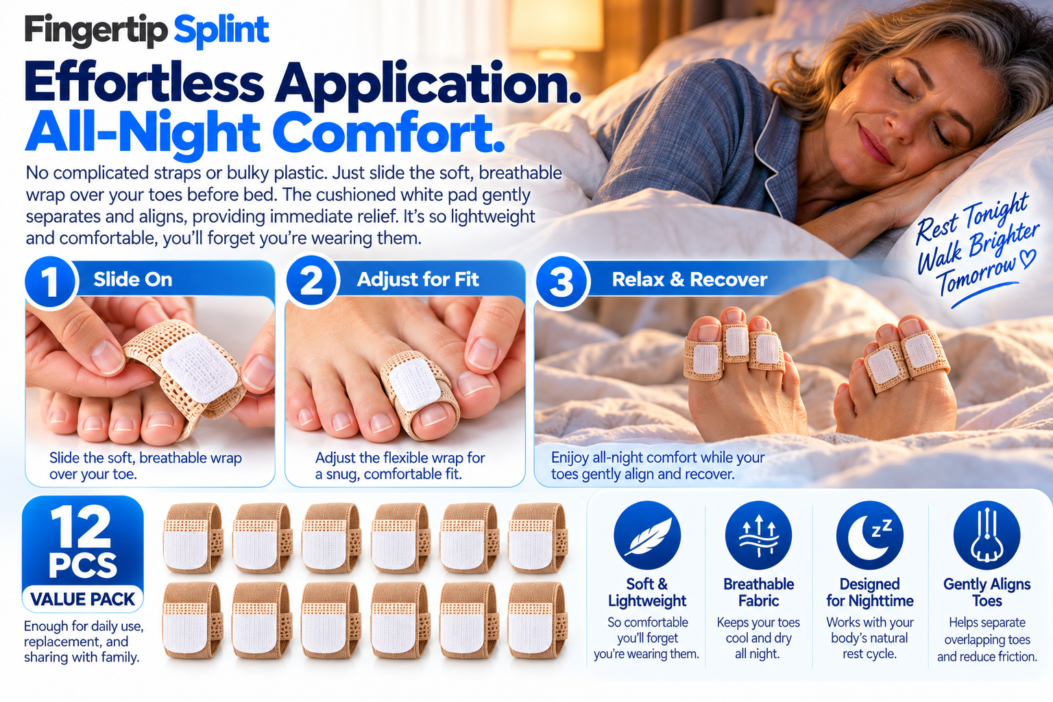 Three step application of beige toe separator wraps showing placement adjustment and comfortable resting