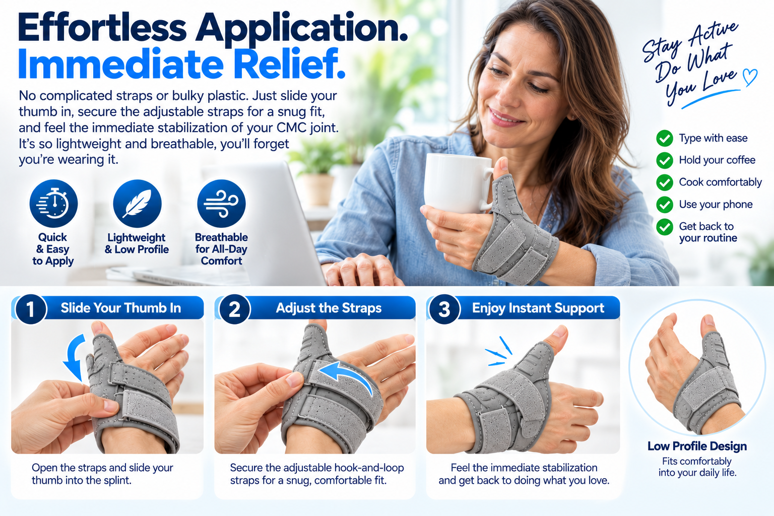 How to apply Fingertip Splint grey CMC thumb wrist protector with slide in and adjustable strap steps
