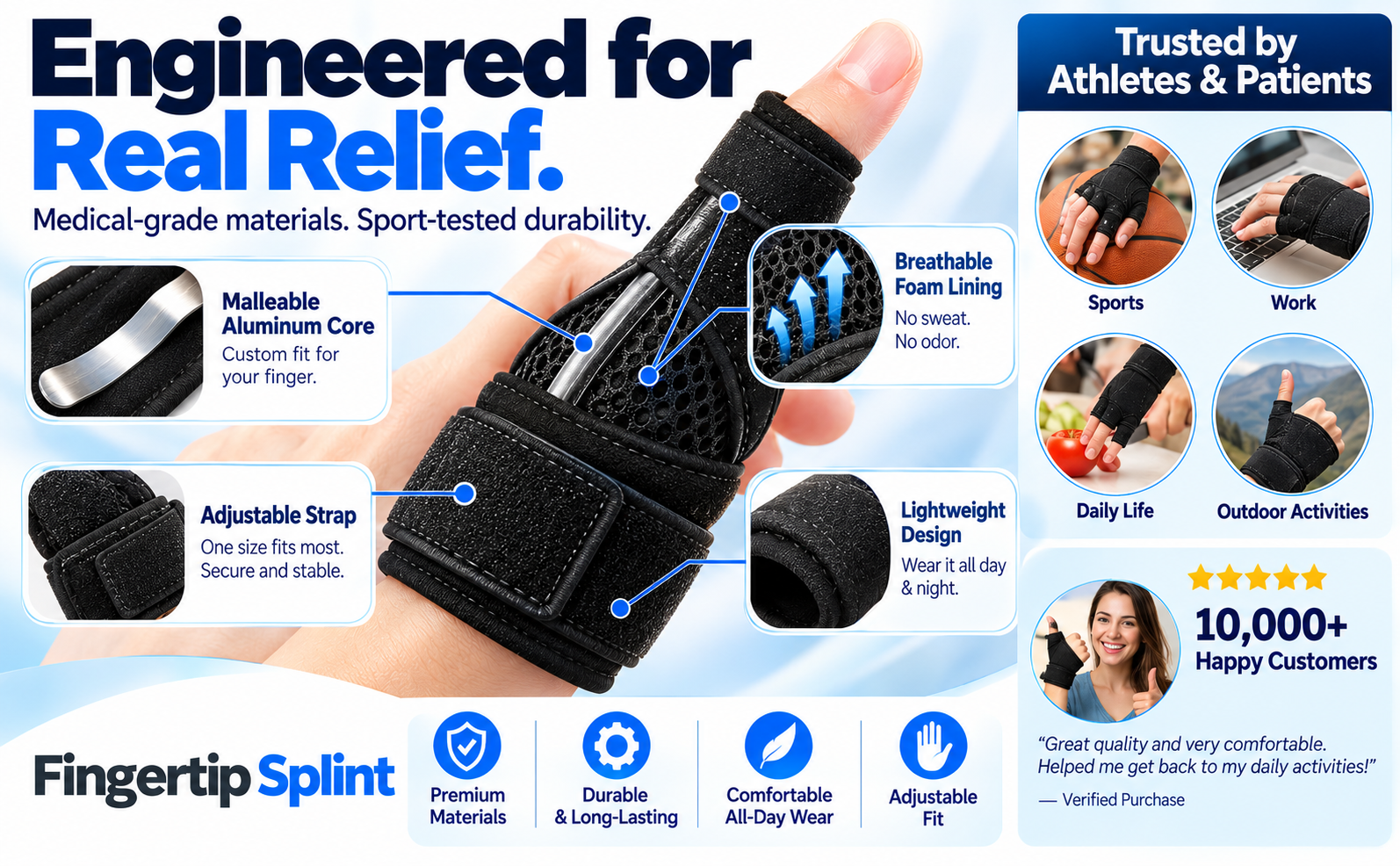 Close-up Fingertip Splint wrist thumb brace showing spring supports breathable material soft lining and adjustable straps