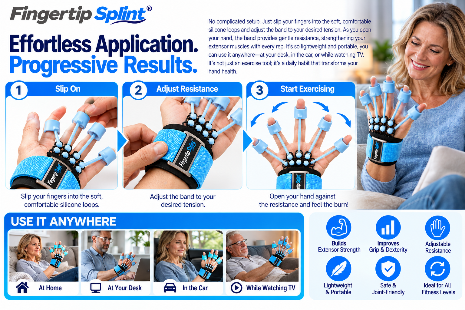Three-step finger extensor exerciser guide showing finger loop placement, wrist strap adjustment and controlled finger extension exercise
