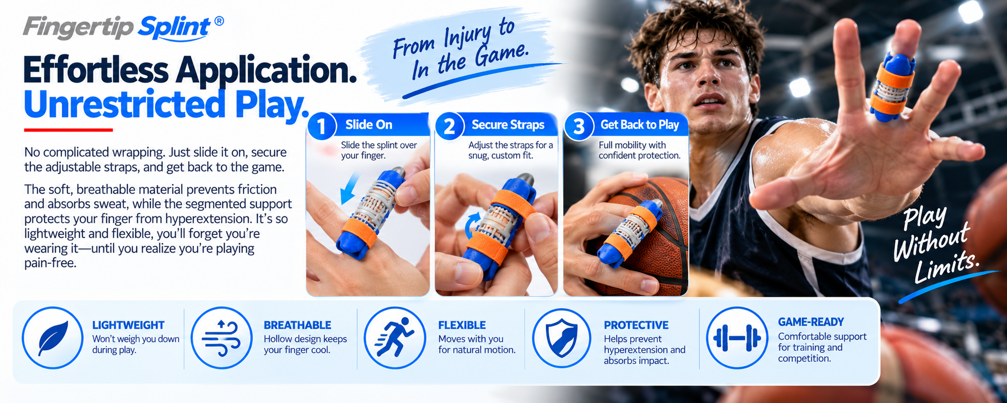 Three-step guide showing how to position an adjustable finger splint, secure the fastening mechanism and check the brace fit