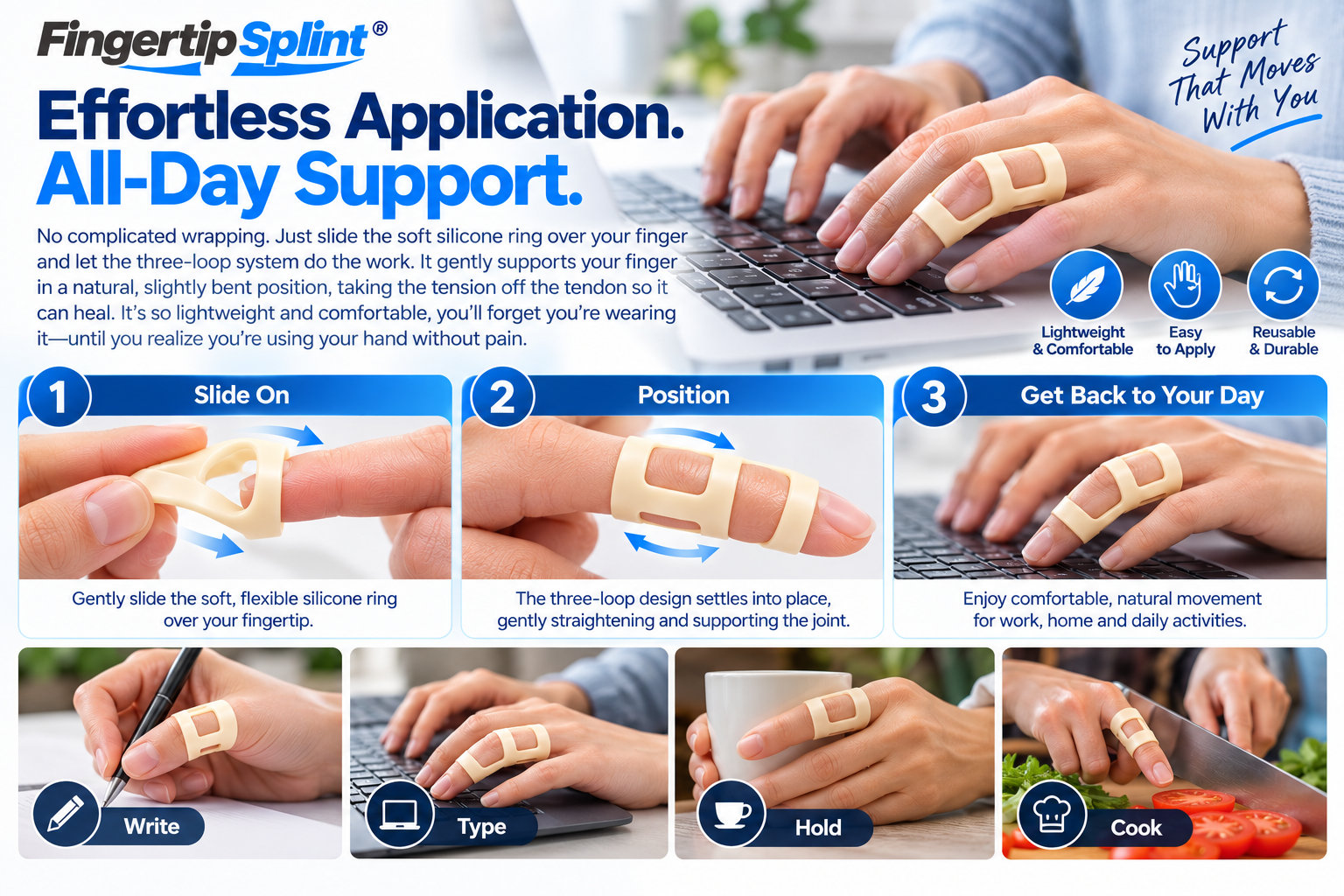 Three-step guide demonstrating how to slide on and position a silicone finger support ring for a comfortable fit
