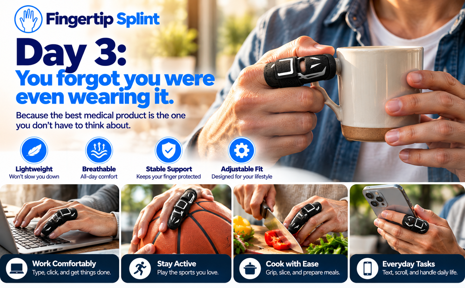 Person wearing Fingertip Splint finger guard while holding coffee typing playing basketball and cooking