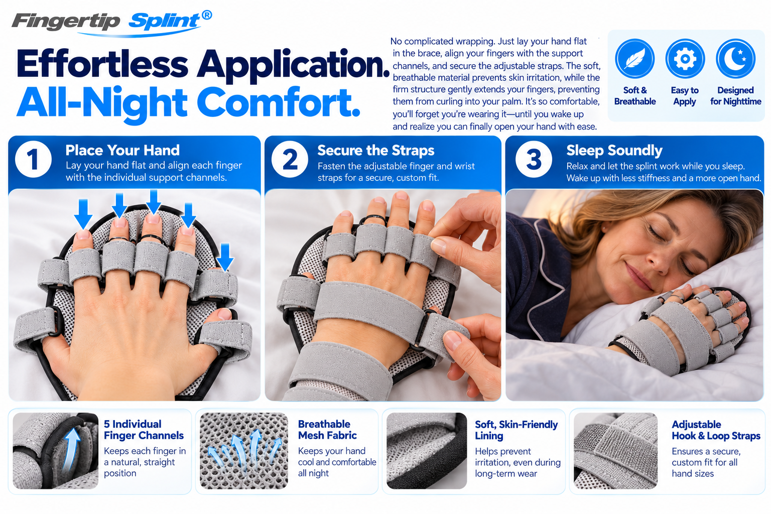 Three-step resting hand splint application showing hand placement, adjustable finger and wrist straps, and supported resting position