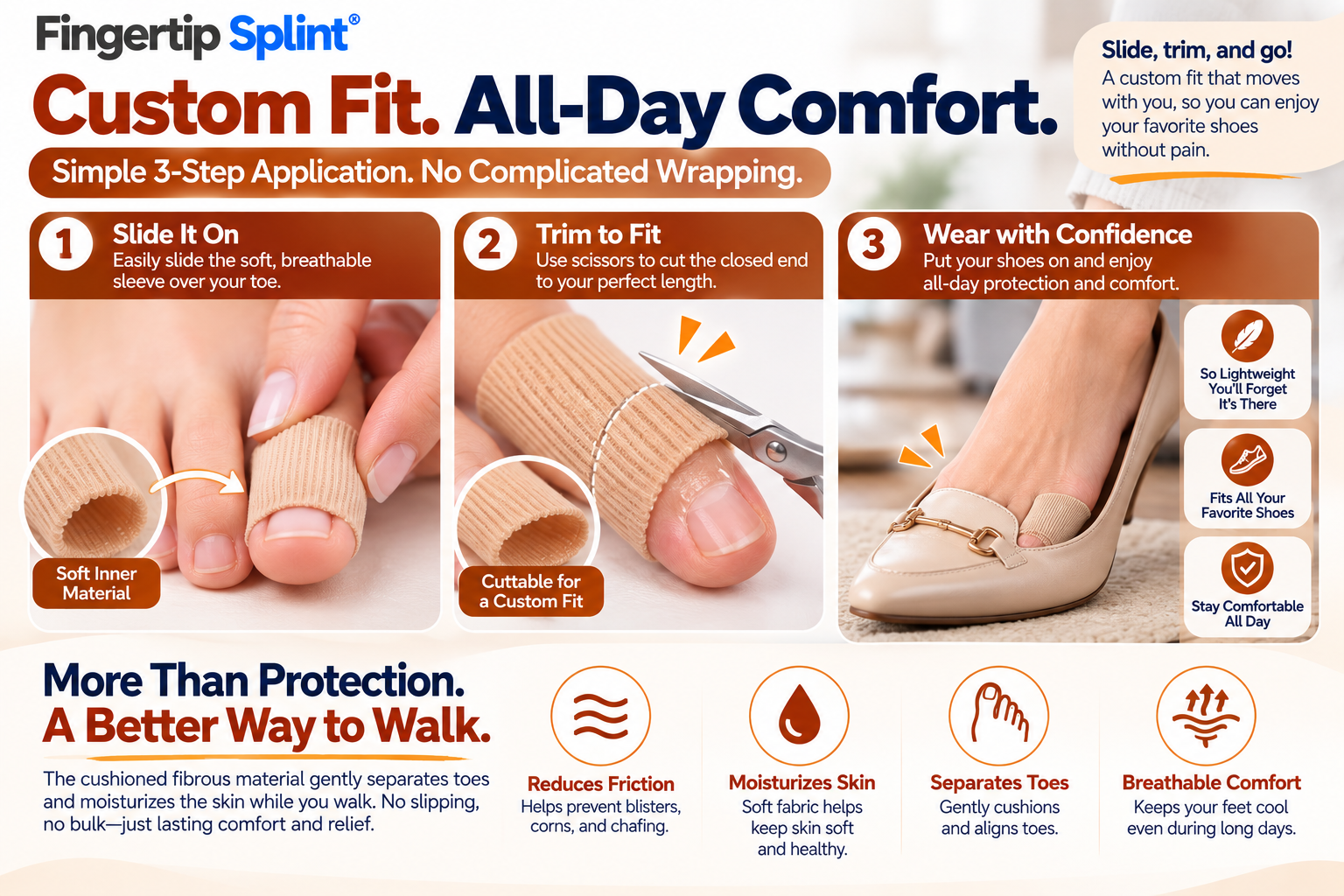Three-step guide showing how to wear, trim and adjust Fingertip Splint cuttable toe protector sleeves