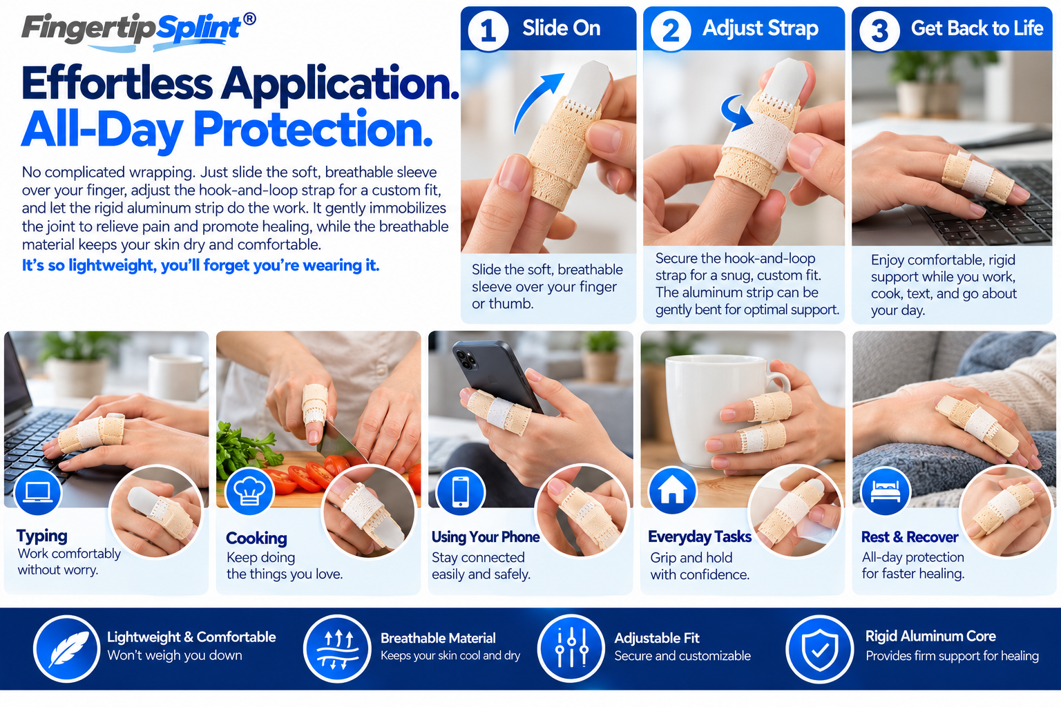 Three-step application guide showing how to position a thumb support sleeve and secure its adjustable fixation strap
