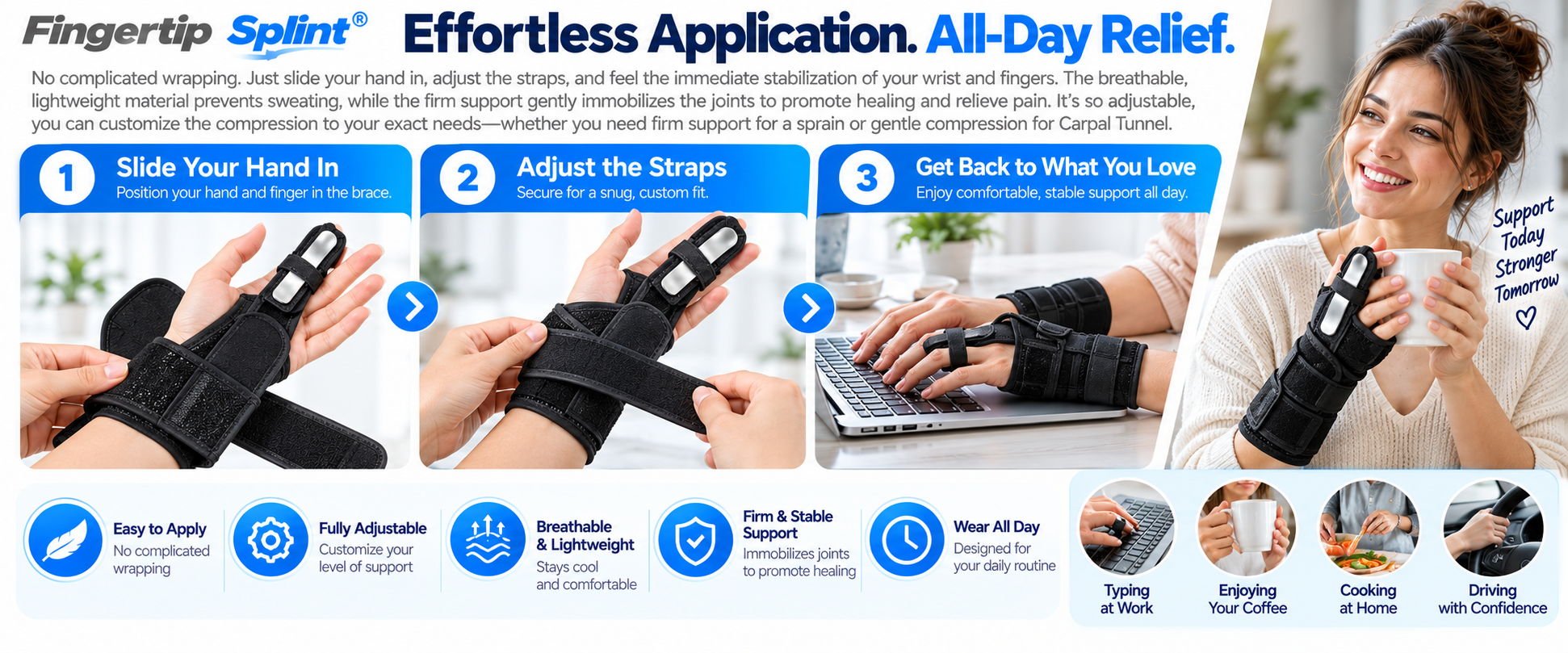 Three-step application infographic showing placement of orthopedic wrist brace, alignment of the finger splint and adjustment of wrist straps