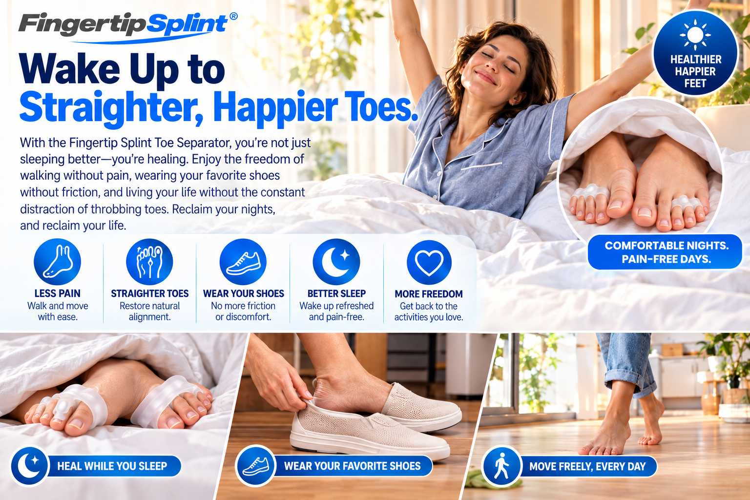 Woman enjoying a bright morning with silicone toe separators shown during an at-home foot care routine