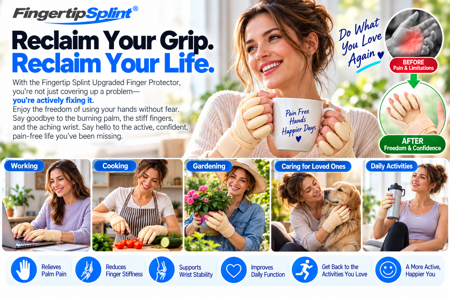 Woman wearing a padded finger protector while typing, gardening and enjoying everyday home activities