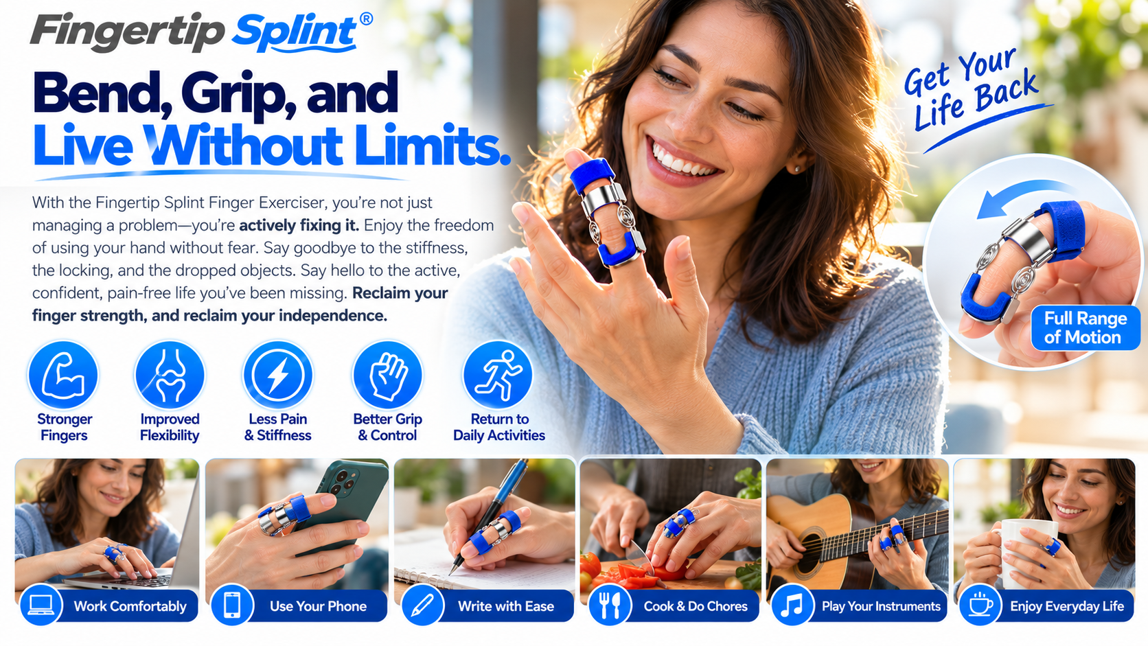 Smiling woman wearing a blue spring-loaded finger exerciser with illustrations of phone use, writing and other everyday hand activities