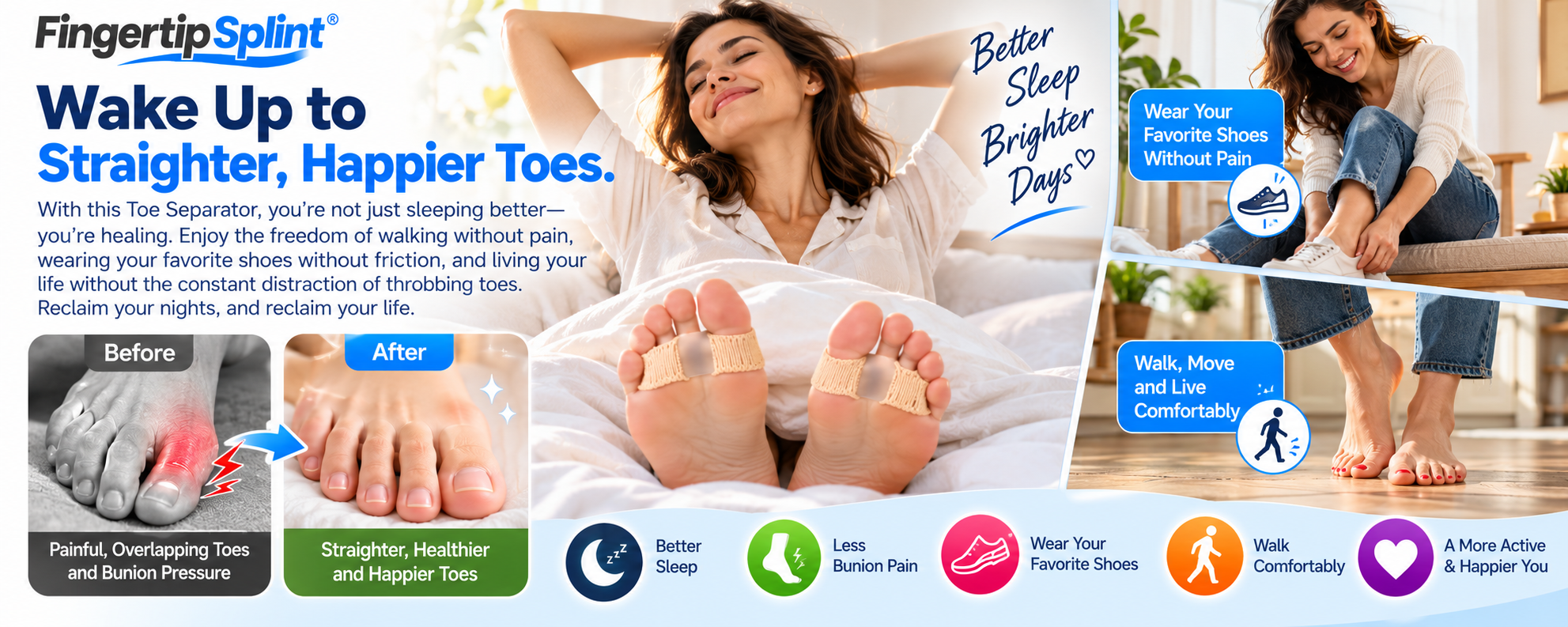 Woman smiling while waking in a bright bedroom and stretching her feet after incorporating a soft toe separator into her evening routine