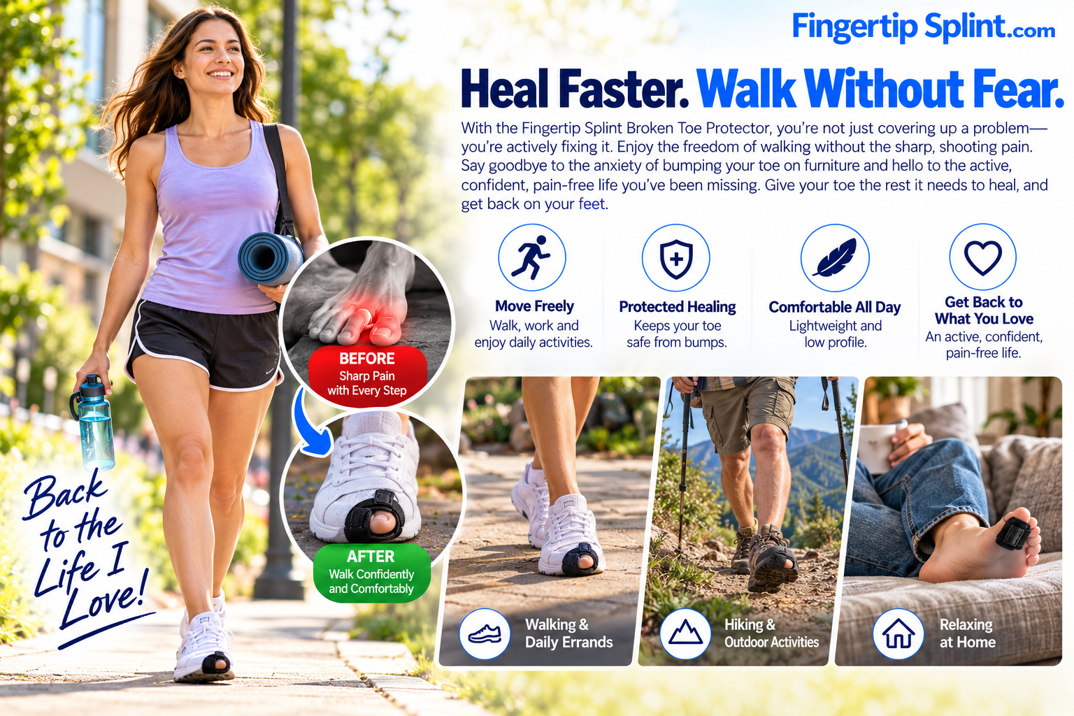 Person walking outdoors in a lifestyle illustration of adjustable toe support during everyday movement