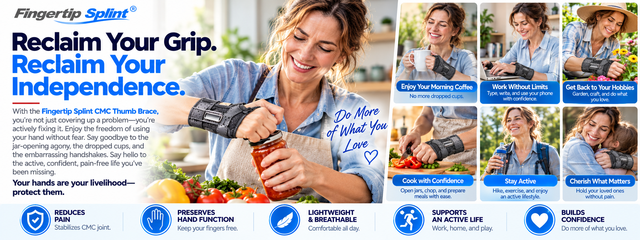 Woman wearing adjustable CMC thumb brace while opening a jar with examples of typing gardening cooking and other activities