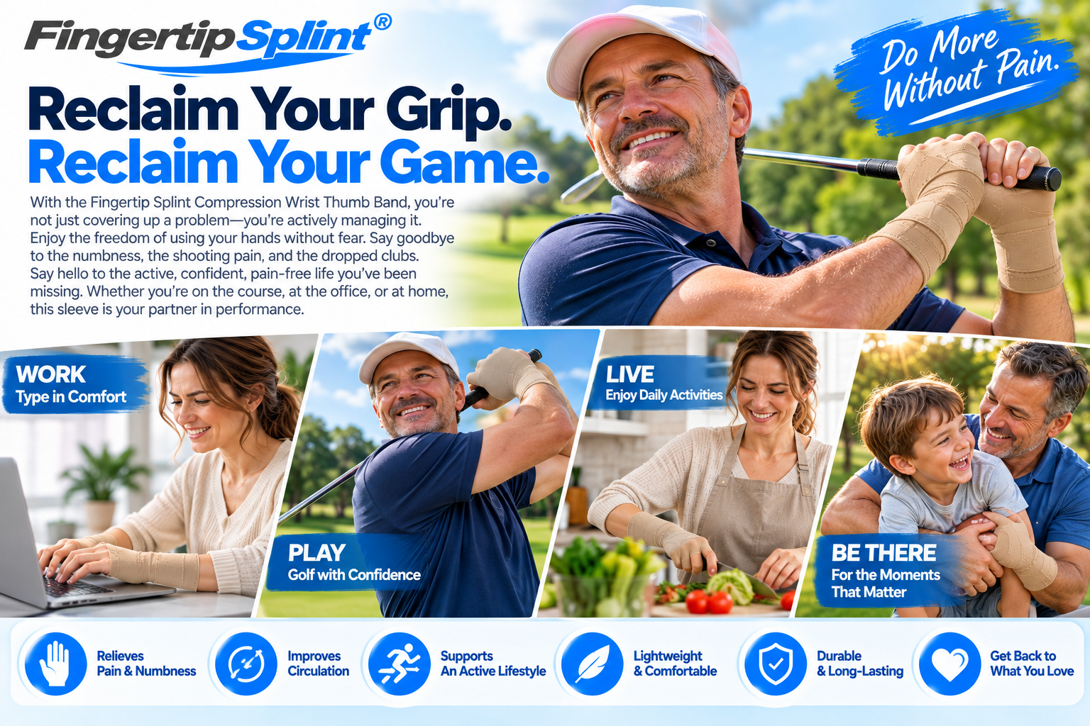 Golfer wearing Fingertip Splint wrist thumb compression gloves during recreational activity