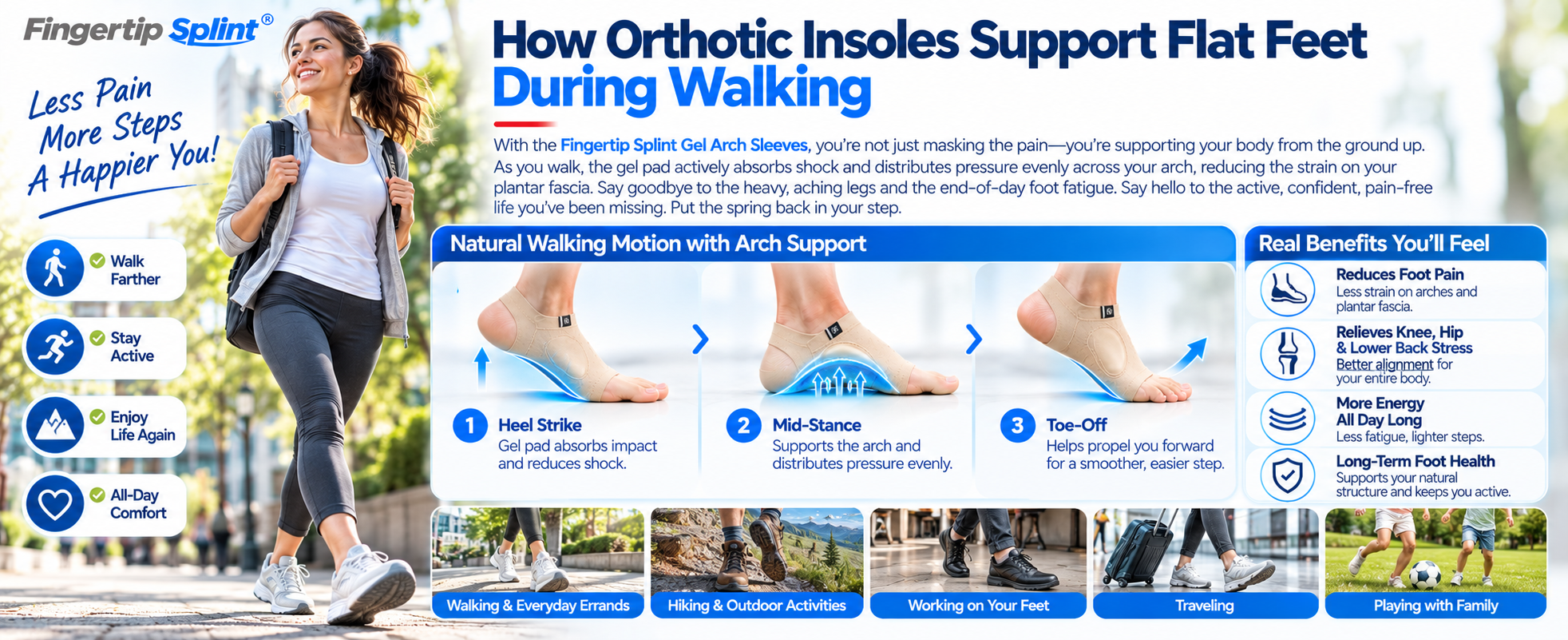 Person walking outdoors with an illustration of gel arch support sleeve cushioning during natural foot movement