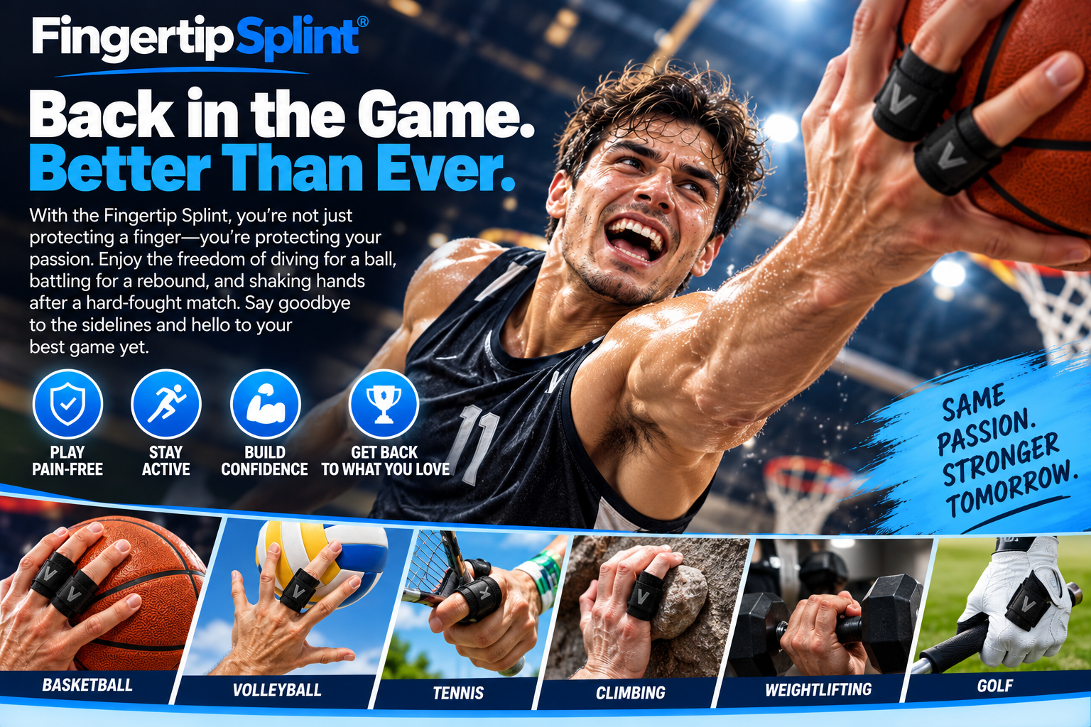 Basketball player wearing a black finger protector wrap while shooting during an energetic sports scene