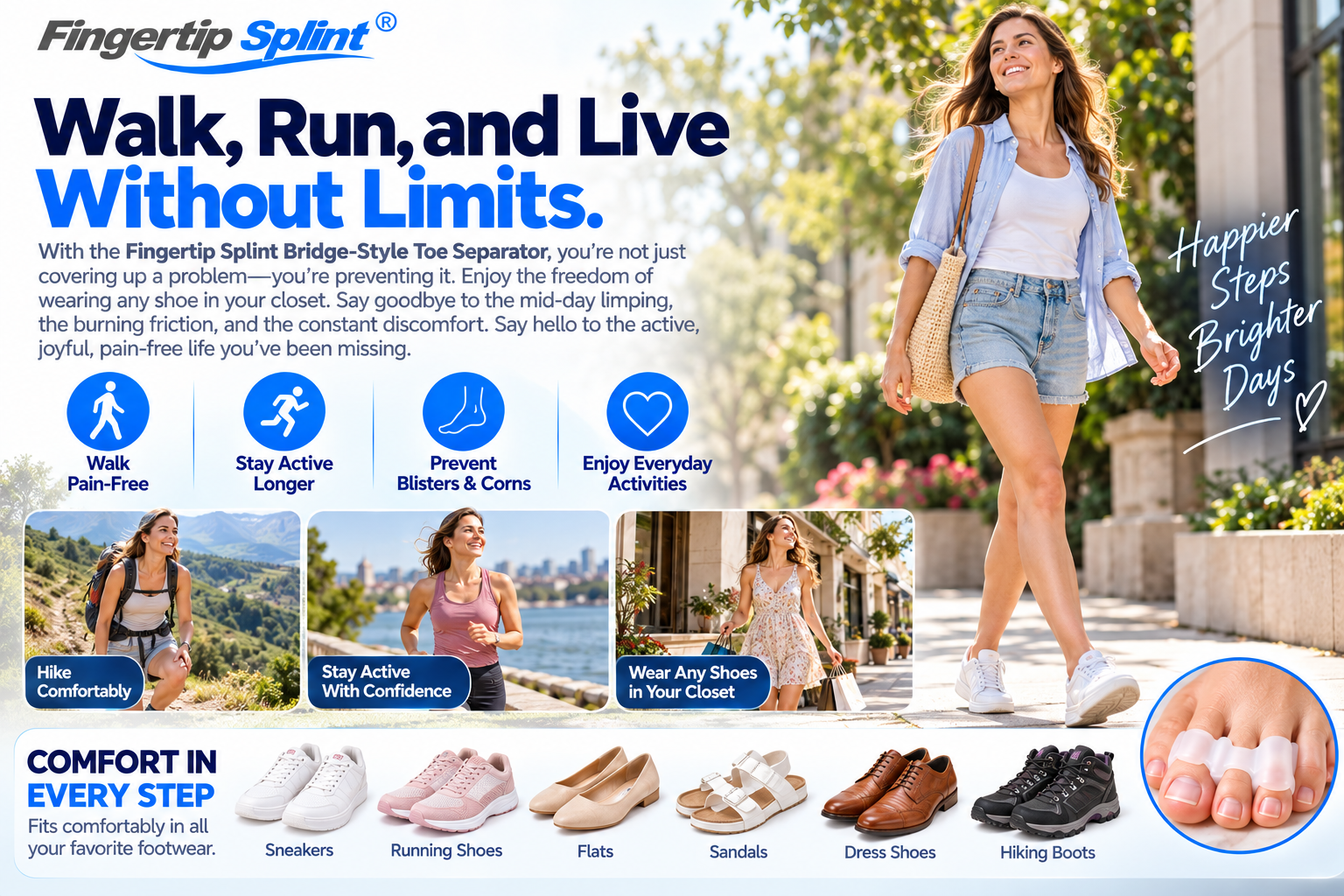Smiling woman walking outdoors with bridge-style toe separators featured for everyday foot care