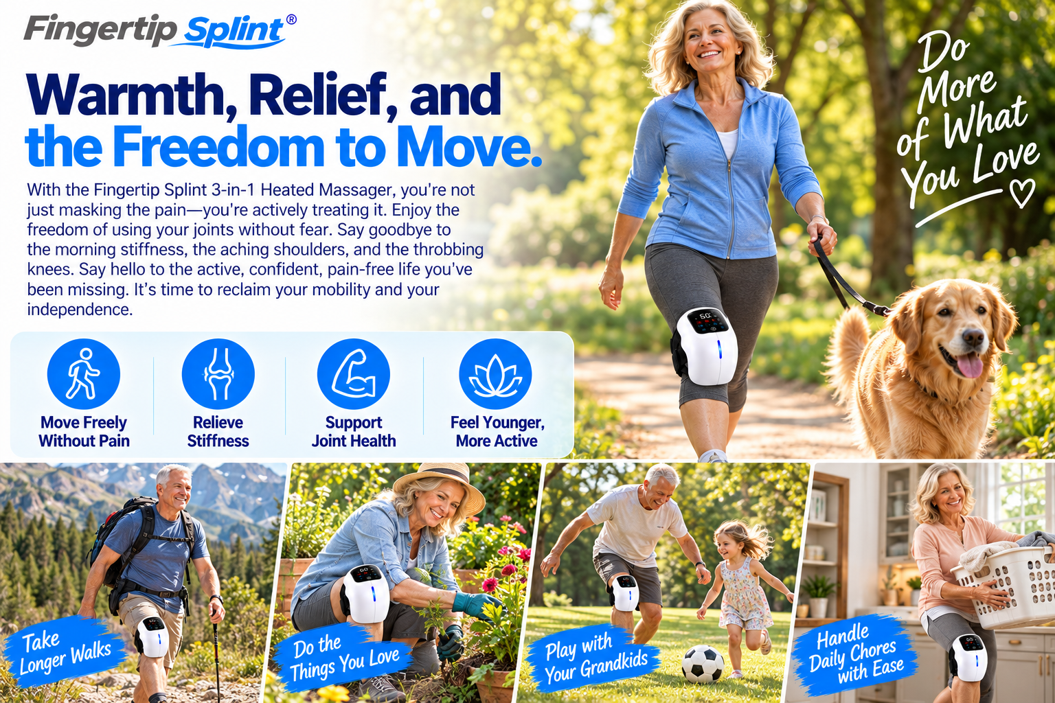 Smiling older woman wearing Fingertip Splint cordless heated knee massager while walking her dog in a sunny park
