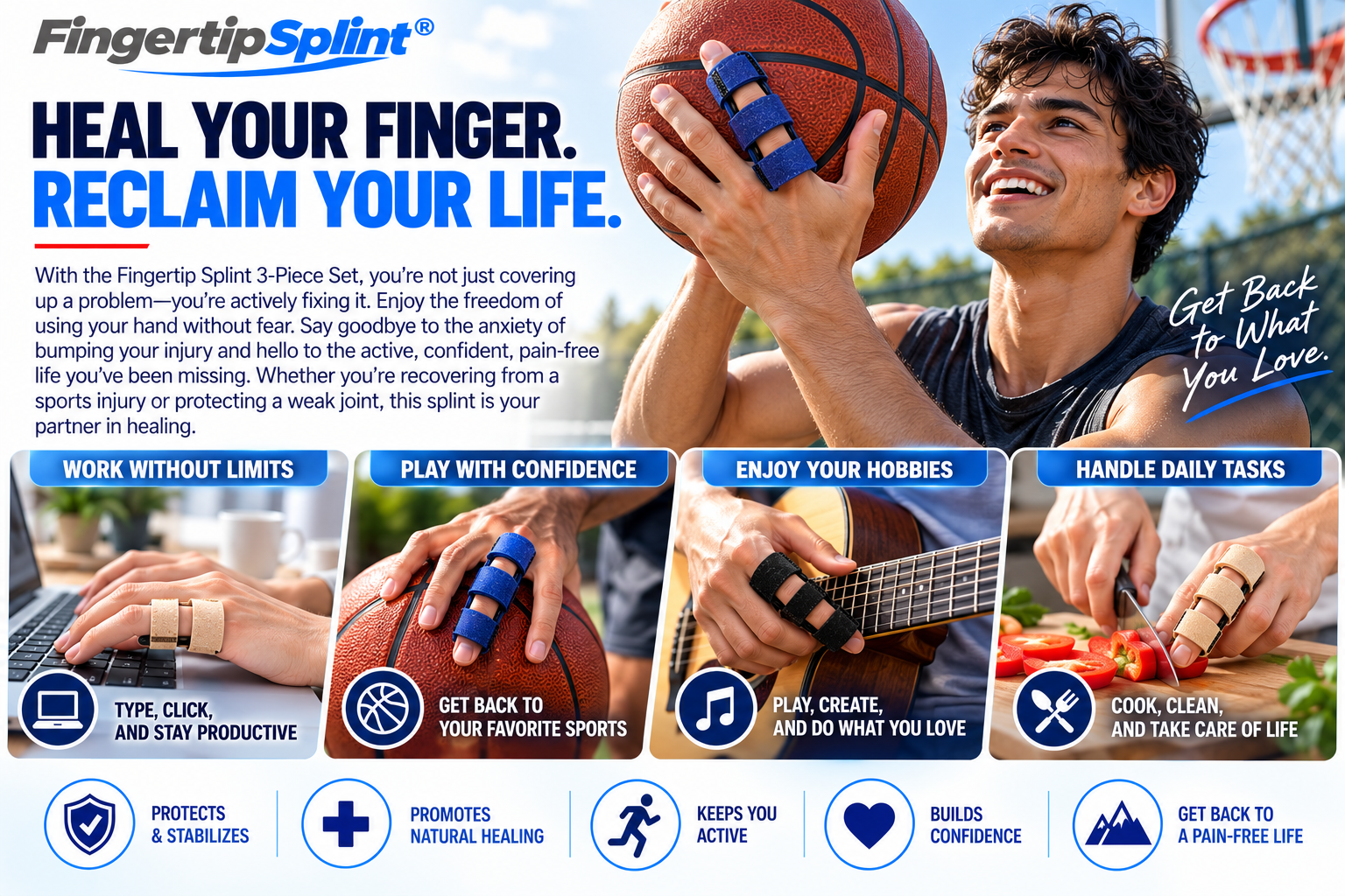 Person wearing an adjustable finger support brace during everyday activities such as typing and other hand movements