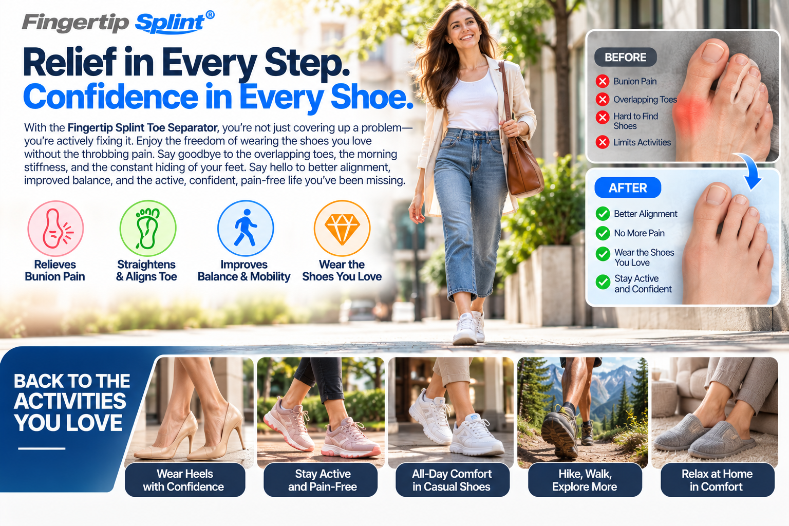 Smiling woman walking outdoors with illustrations of bunion support, footwear choices and everyday foot comfort