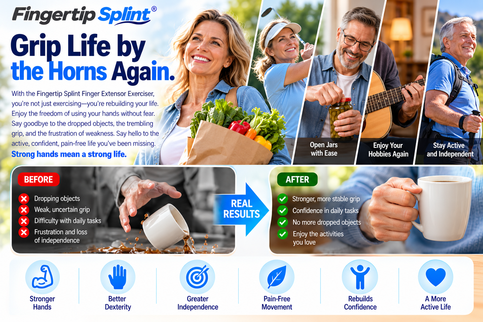 Active adults enjoying groceries, hobbies and everyday activities in a finger extensor exercise lifestyle infographic