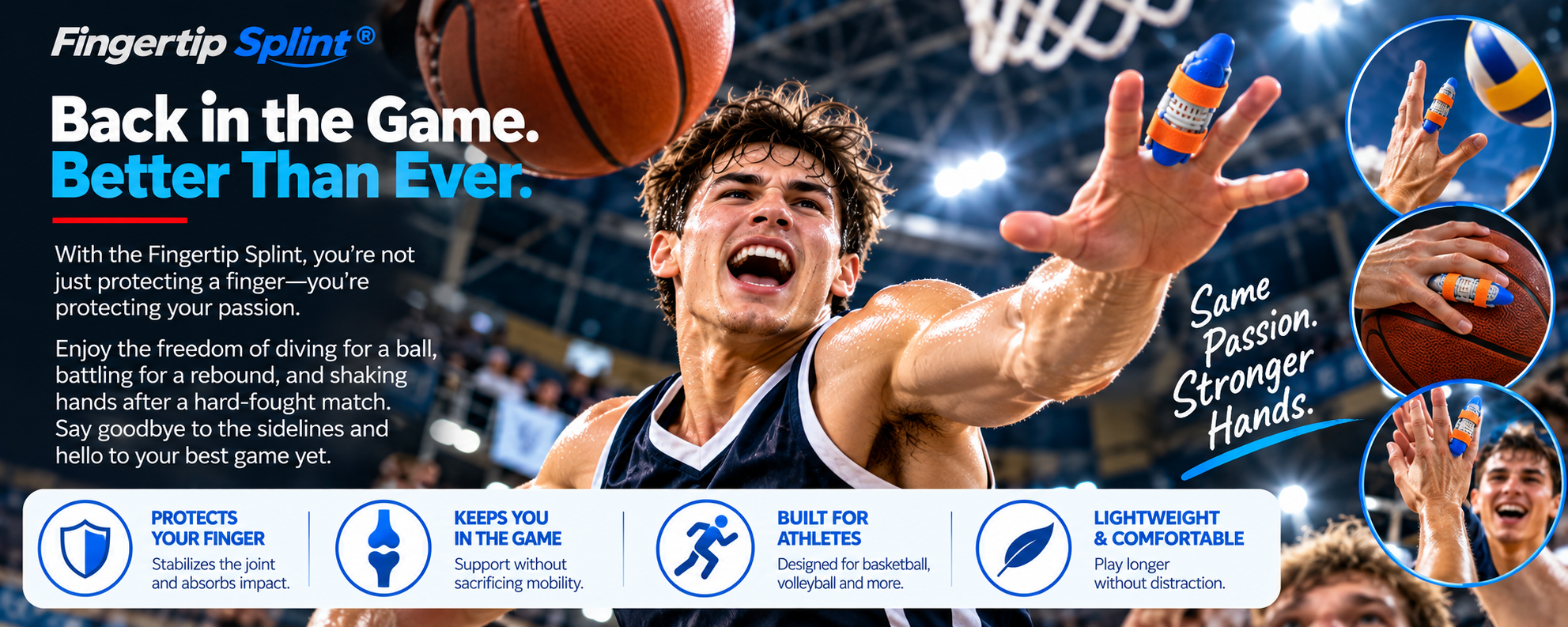Basketball athlete wearing a blue and grey adjustable finger splint during a sports activity