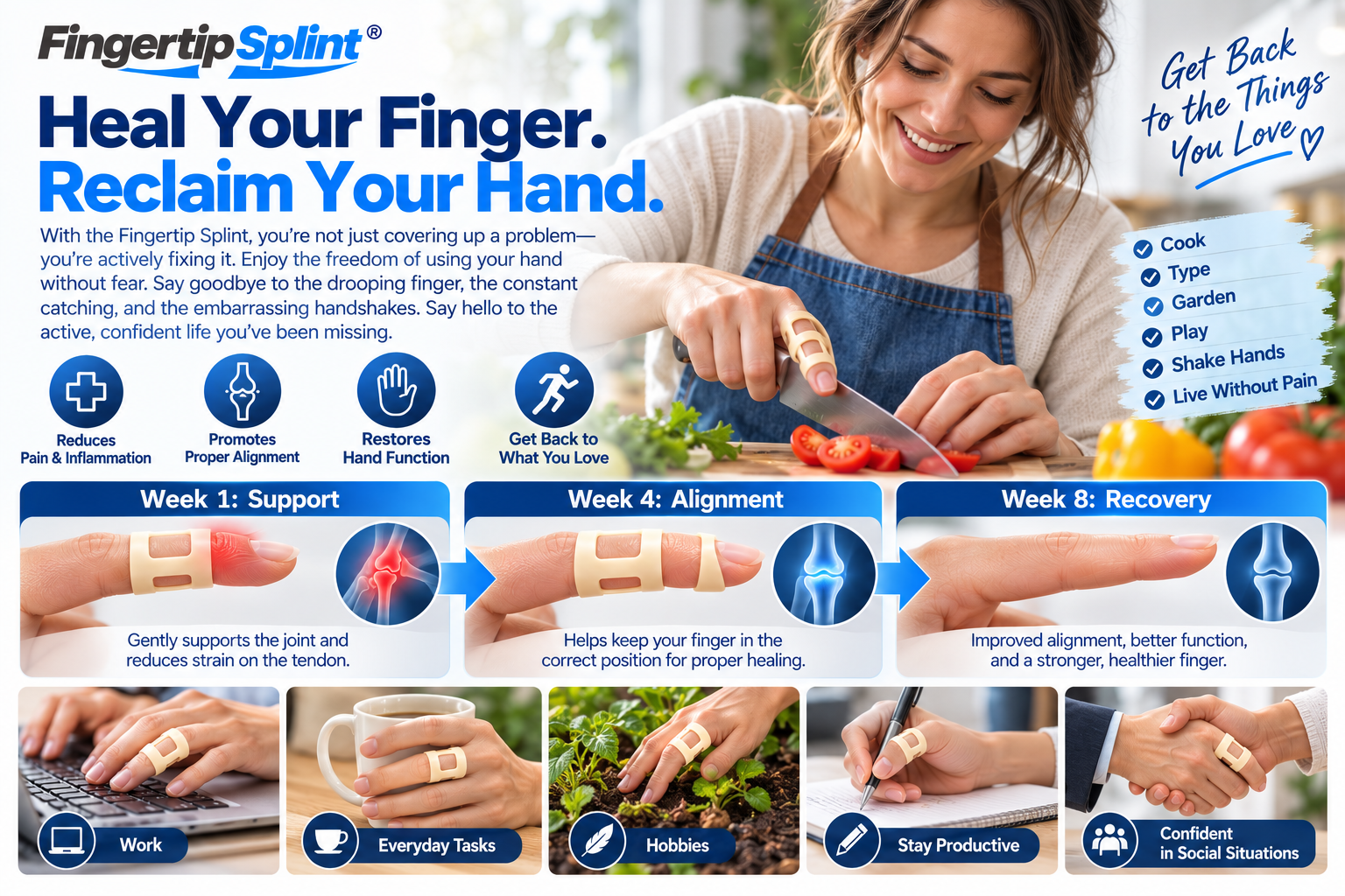 Person wearing a beige silicone finger support ring while typing, cooking and performing everyday hand activities