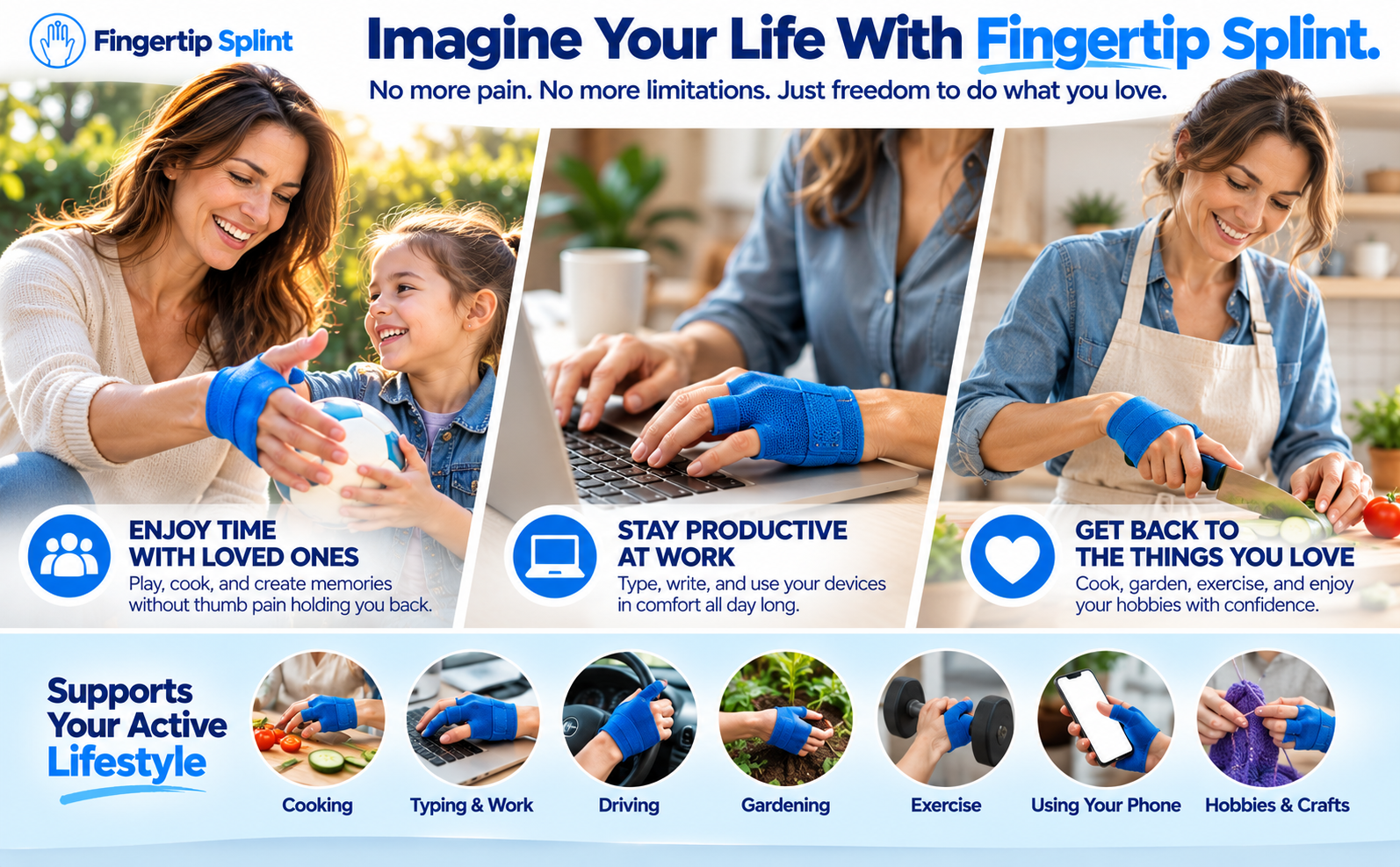Fingertip Splint thumb support worn during work cooking hobbies and everyday activities
