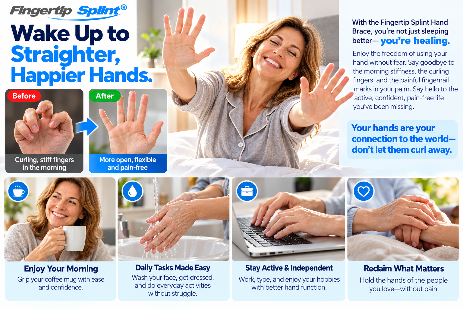 Woman stretching her hands in a bright morning bedroom with illustrations of finger positioning and everyday activities such as holding a mug and typing