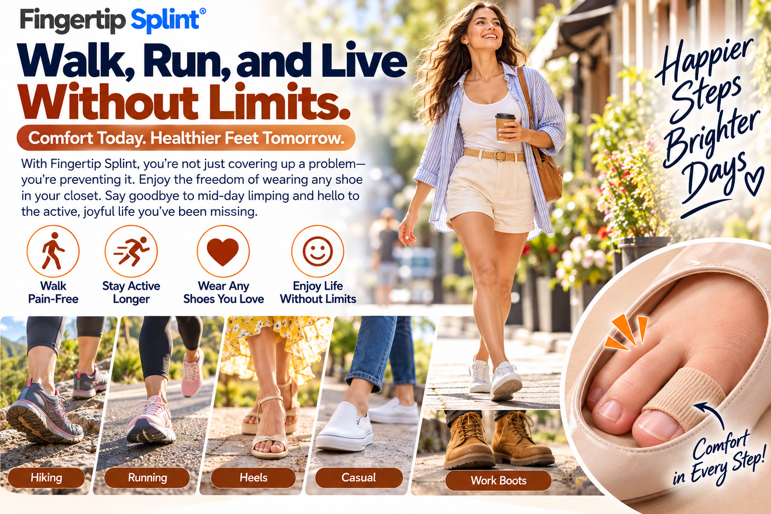 Person walking outdoors in shoes illustrating everyday activities with Fingertip Splint anti-chafing toe protector sleeves
