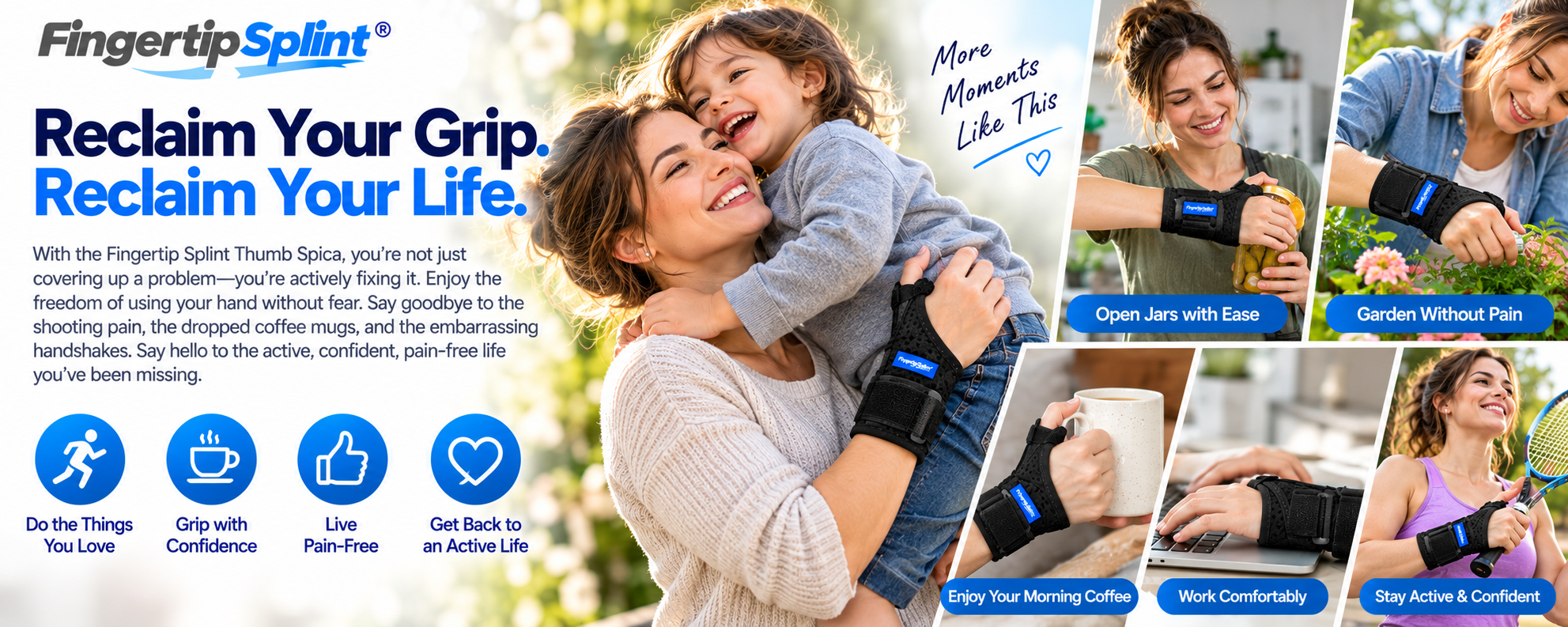 Woman wearing a black thumb spica wrist support brace while holding a child, gardening, typing and drinking coffee