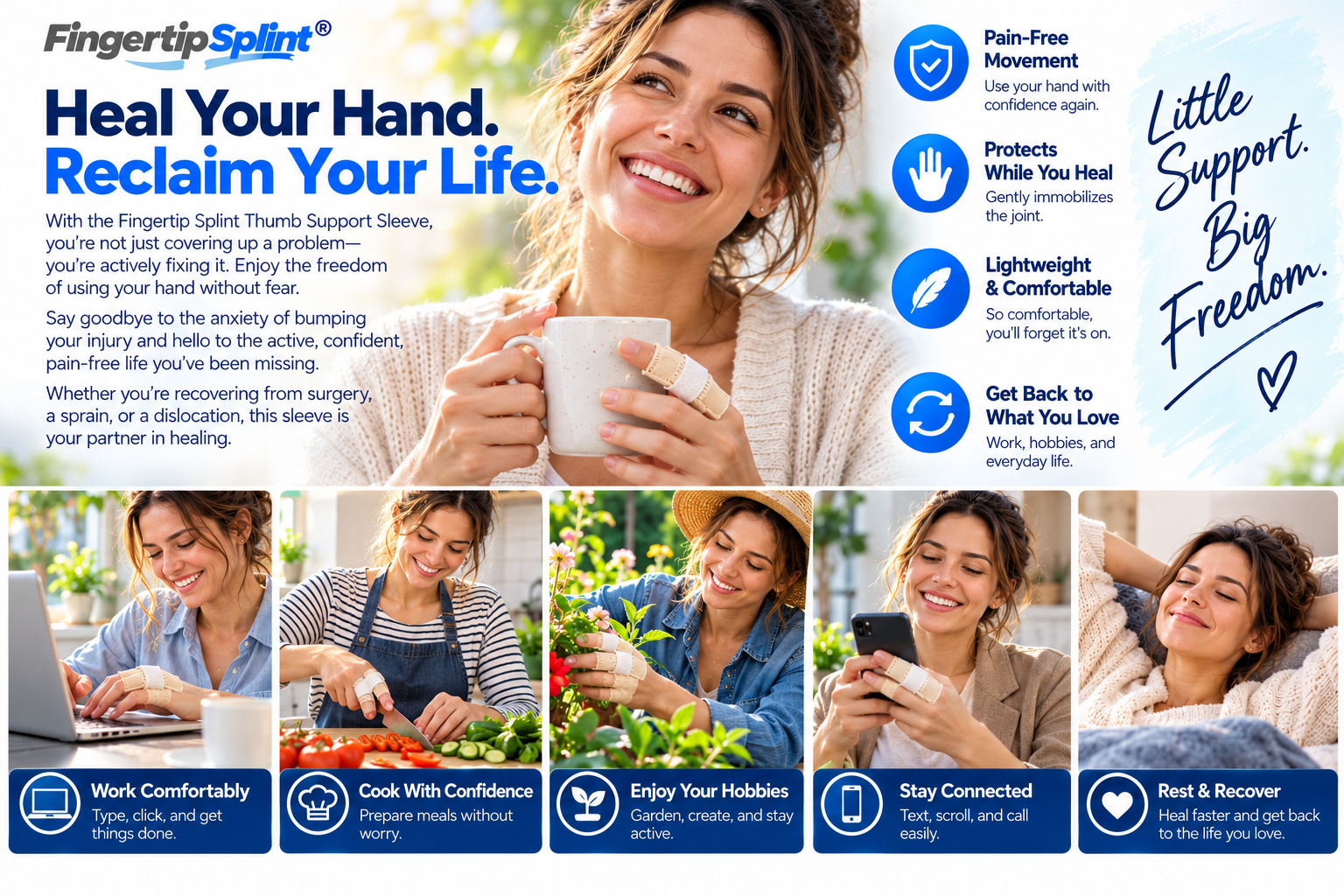 Person wearing an adjustable finger support sleeve during suitable everyday activities including typing and cooking