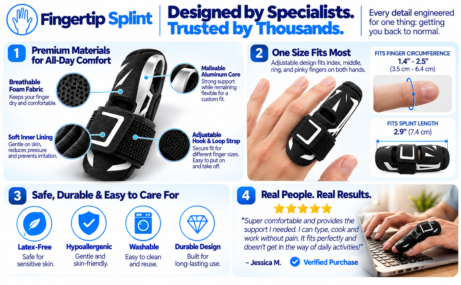 Fingertip Splint product features showing adjustable strap breathable padding soft lining and finger sizing guidance